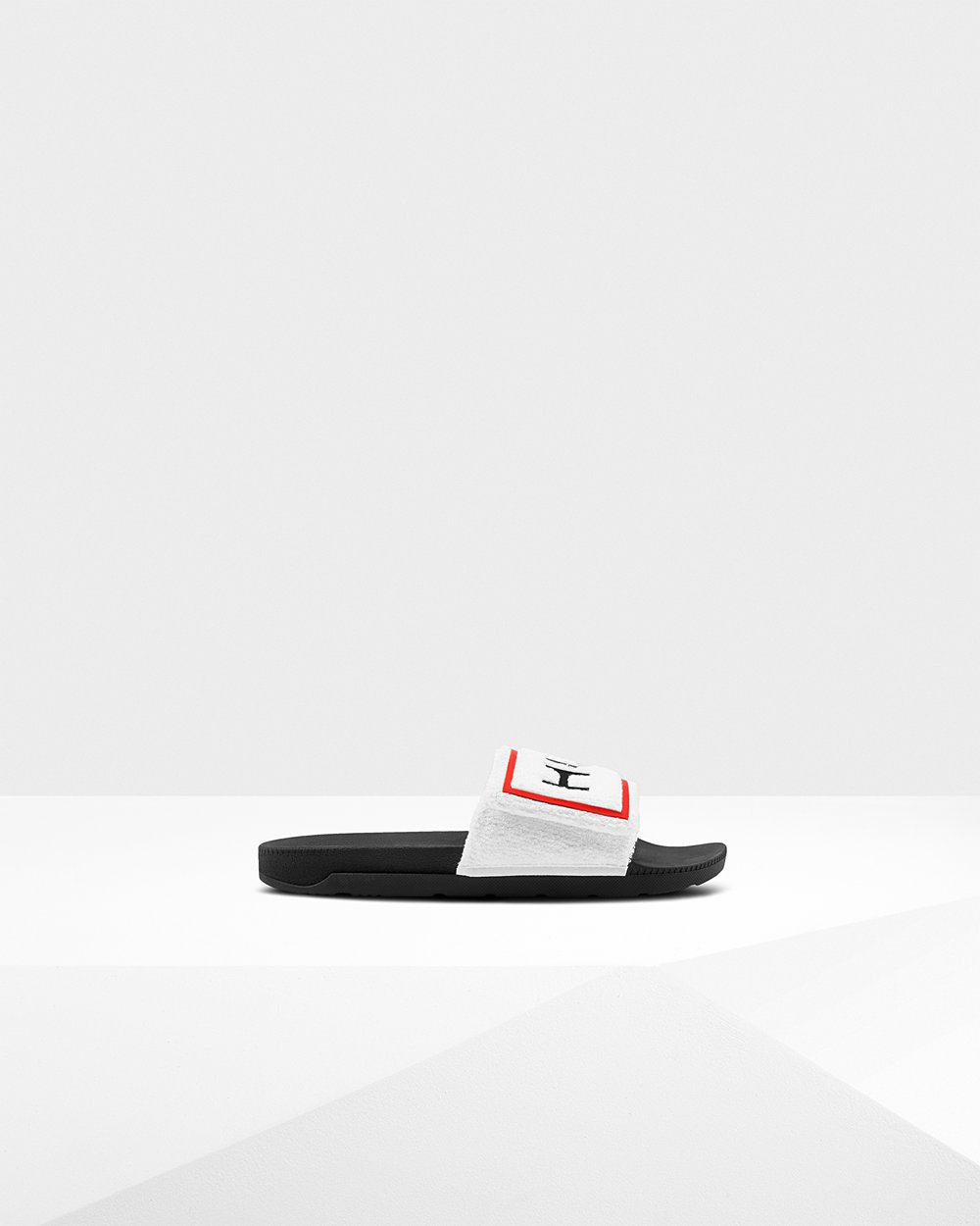 Mens Slides - Hunter Original Terry Towelling Logo Adjustable (46TLFCWVG) - Black/White